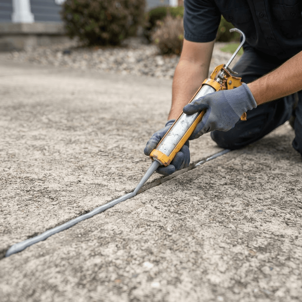 Contractor repairing a crack in a concrete surface