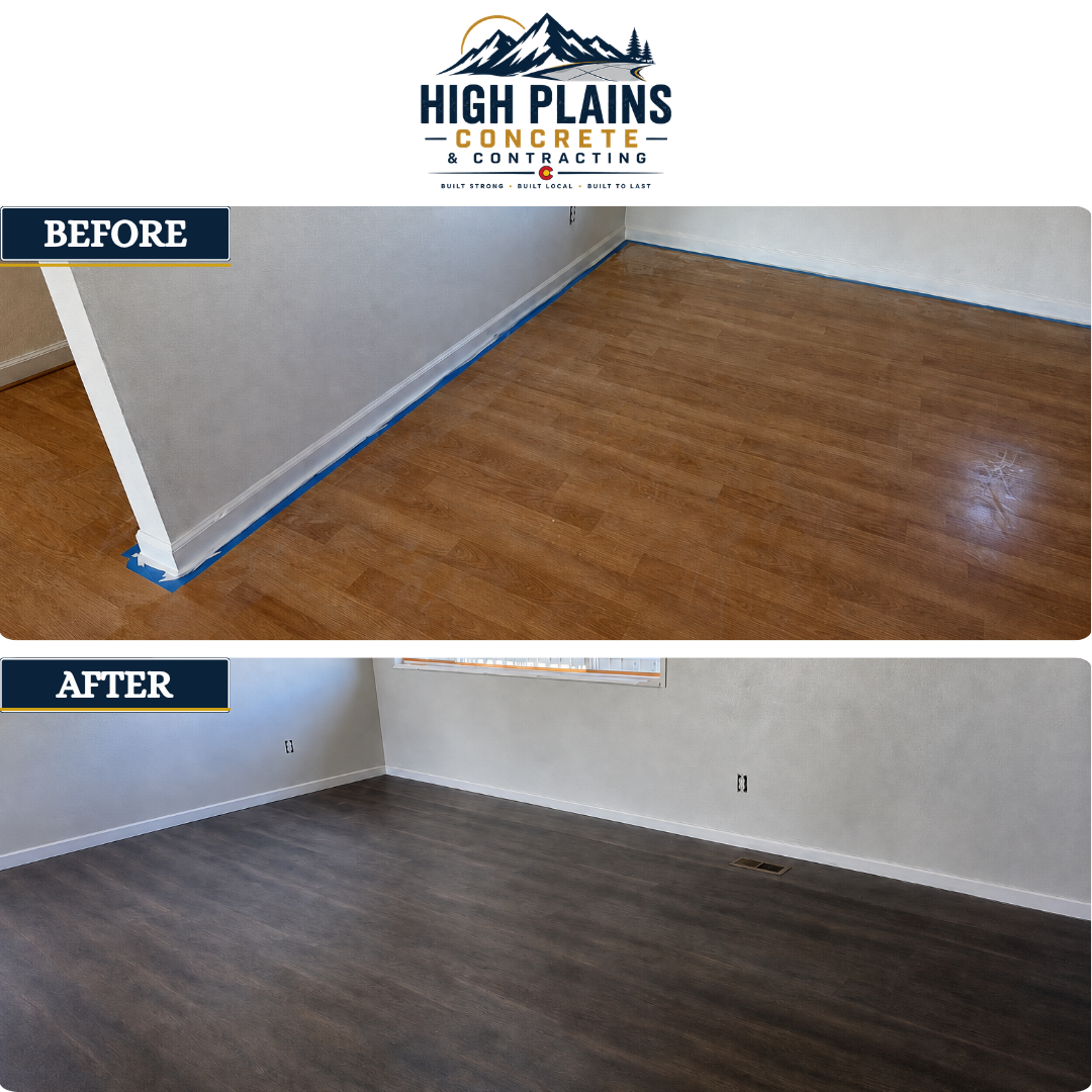 Before and after of Luxury Vinyl Plank Flooring Install in Elizabeth, CO